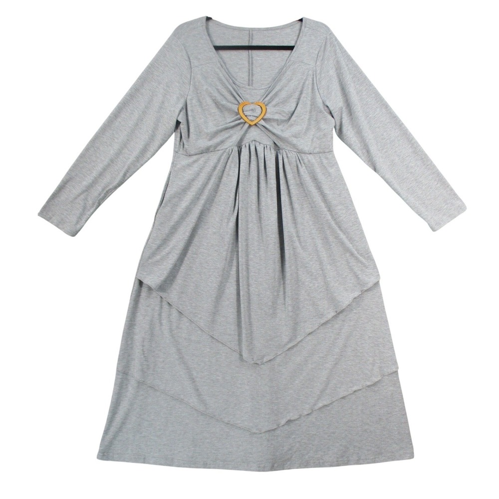 Womens Heather Gray Heart Buckle Layered Handkerchief Hem Midi Dress Long Sleeve